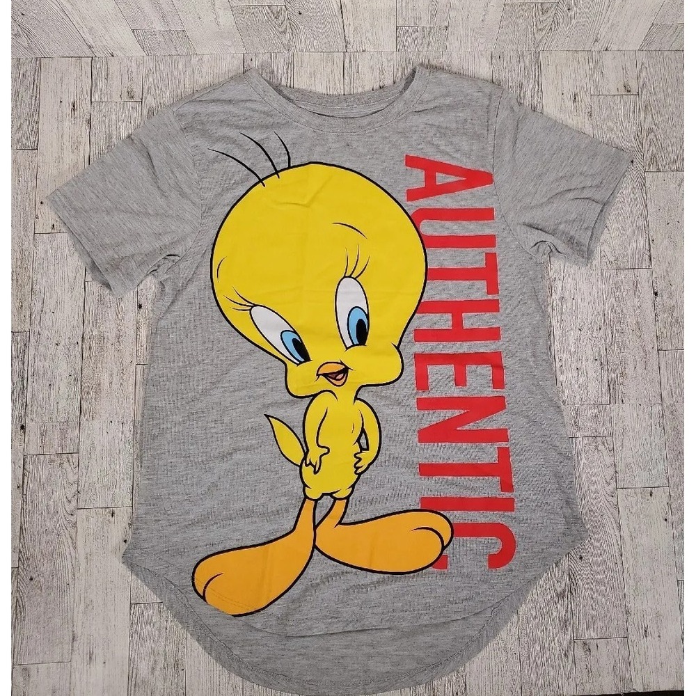 Tweety Bird T-Shirt Medium (7-9) Women's Looney Tunes Gray Authentic Graphic NEW